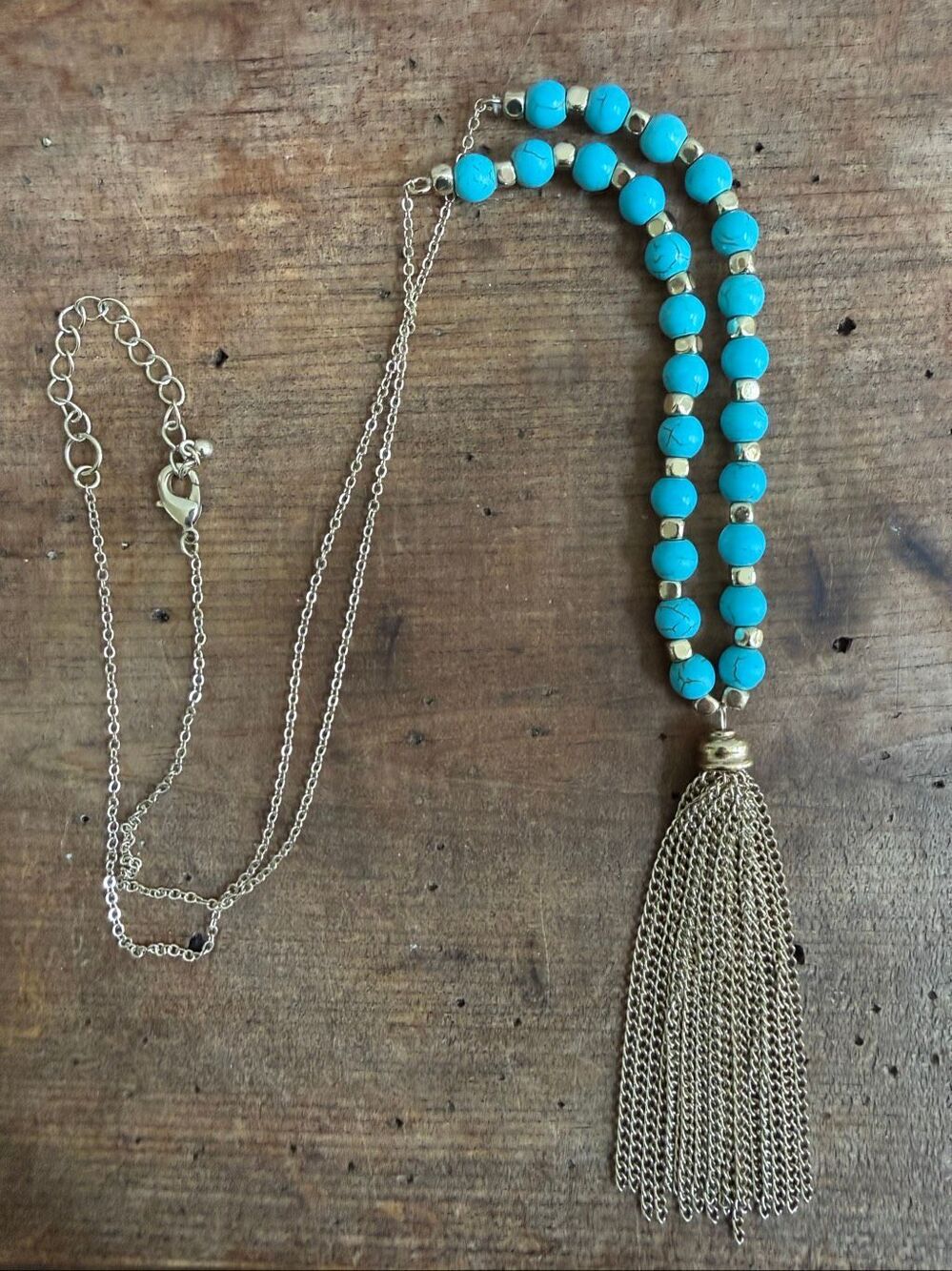 Unsigned Gold Tone Tassel Turquoise Bead Necklace 34”
